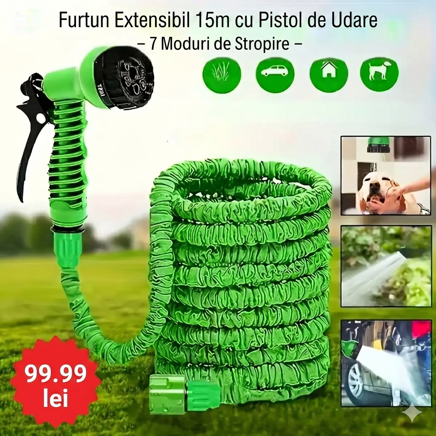 Furtun extensibil 15m cu Pistol de Udare - 7 Moduri de Stropire