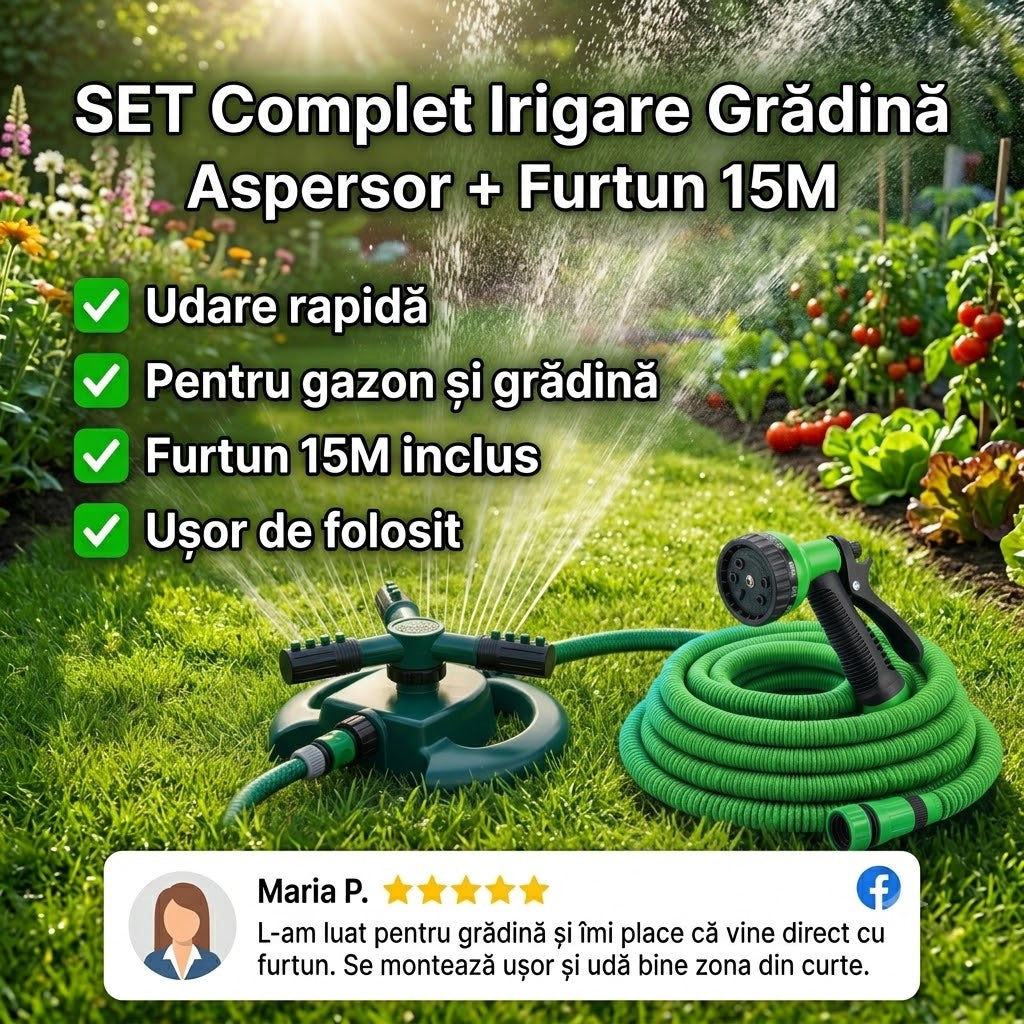 SET Aspersor Rotativ + Furtun 15M pentru Grădină