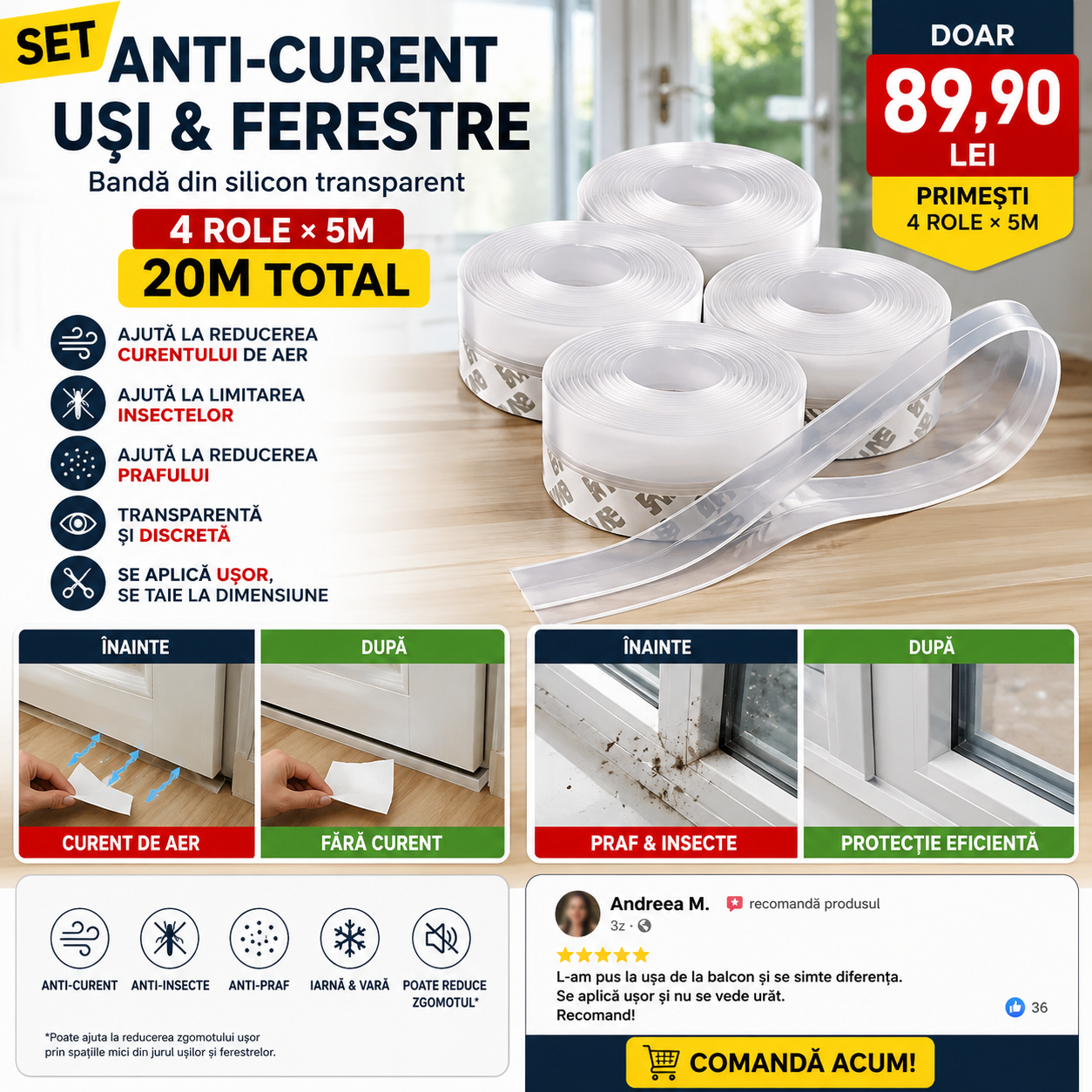 SET Anti-Curent Uși & Ferestre — 4 role × 5M, 20M total
