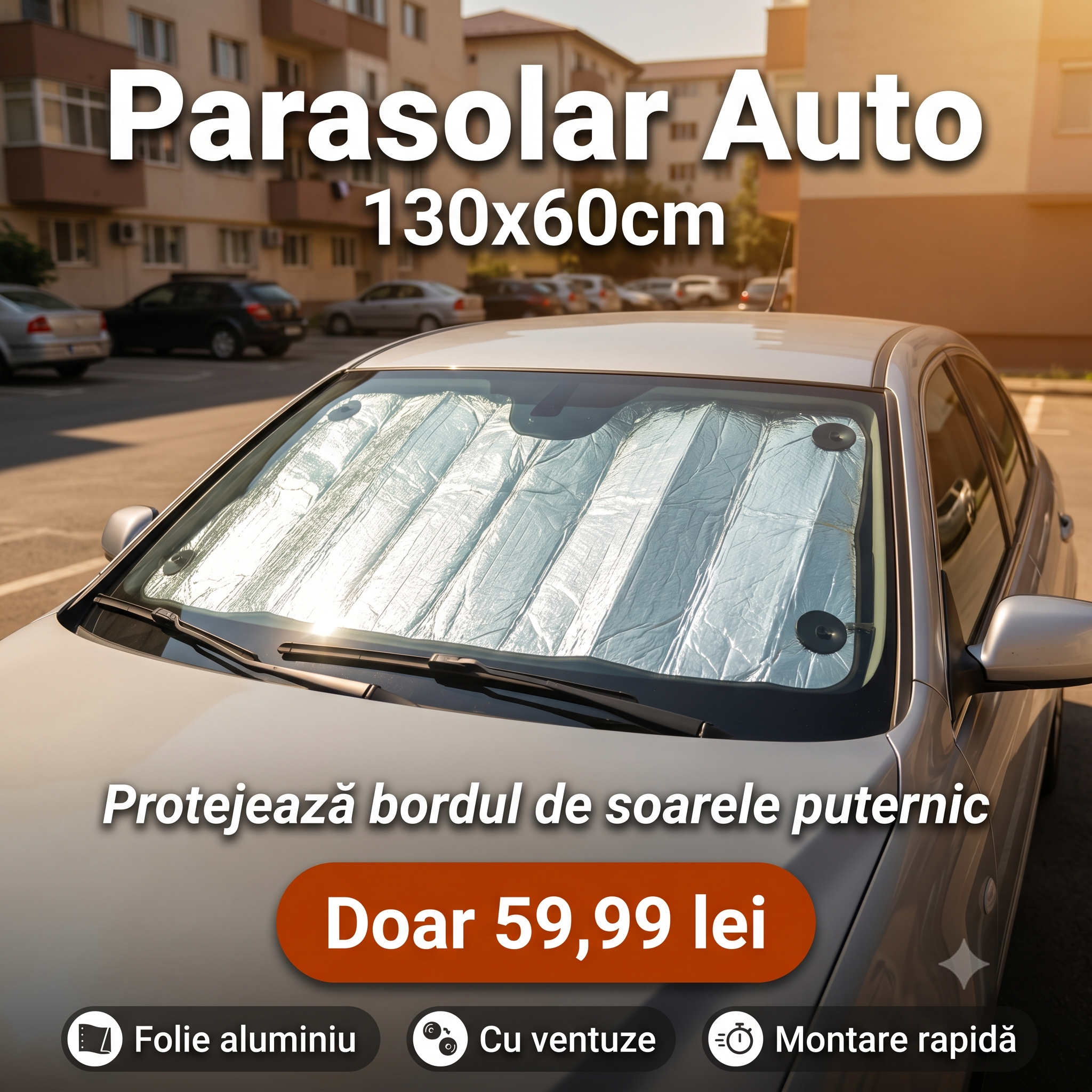 Parasolar parbriz auto 130x60cm folie de aluminiu si ventuze de fixare